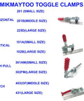 Various sizes of Mikmaytoo toggle clamps including vertical, horizontal, push pull, and latch types with red grips.