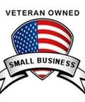 Veteran owned small business badge with American flag shield and ribbon.