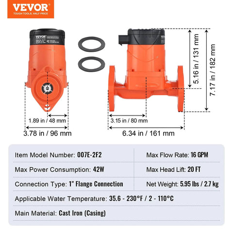 Front and side view of High Efficiency Hot Water Recirc Pump 16 GPM 110V 42W With 1 Inch NPT Flange For Home Water Heater System EMC Auto Circulation VEVOR 007E2F2.