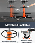 Beefy Transmission Jack With 1322 Lb Capacity For Cars And Light Trucks, featuring 360-degree swivel wheels and lockable brakes.