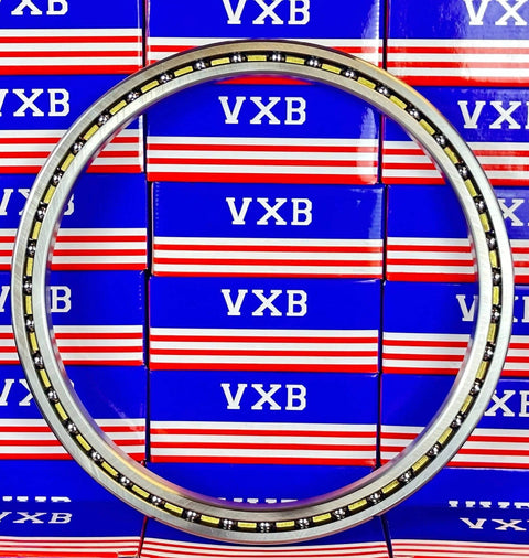VF090CP0 Thin Section Bearing 9x10 1/2" x 3/4" inch displayed with chrome steel material and brass cage design.