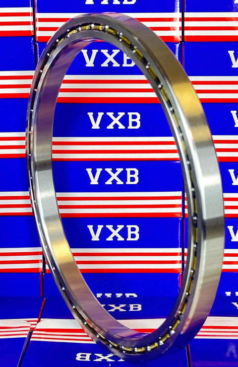VF090CP0 Thin Section Bearing 9x10 1/2" x 3/4" inch chrome steel ring with brass retainer, displayed against VXB packaging.