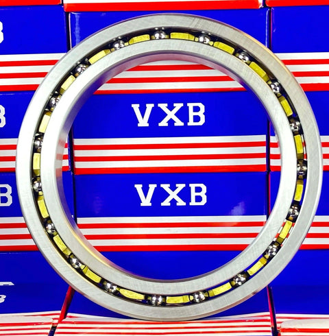 VG055CP0 Thin Section Bearing 5-1/2" x 7-1/2" x 1 inch with brass cage and chrome steel balls visible from front view.