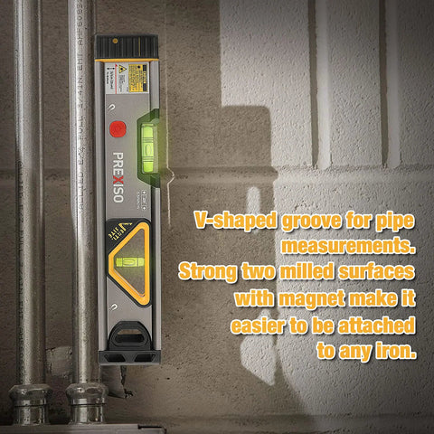 Versatile 2-in-1 laser level blends a 12 inch spirit level with a bright red laser, magnetic base, attached to pipe