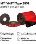 3M VHB Tape rolls in various sizes with high strength for dissimilar materials and painted surfaces, indoor and outdoor use.