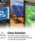 Signage, solar panel, and window door assembly demonstrating uses for Clear VHB Heavy Duty Mounting Tape Circles 1 Inch Diameter Pack Of 5 Double Sided Permanent Adhesive High Strength Long Lasting Bond For Transparent Surfaces No Drilling Needed Nearly Invisible Fastening.