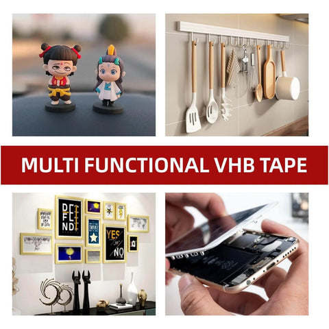 Image showing various uses of multi-functional VHB tape: holding decor, kitchen utensils, phone repair, and dashboard items.