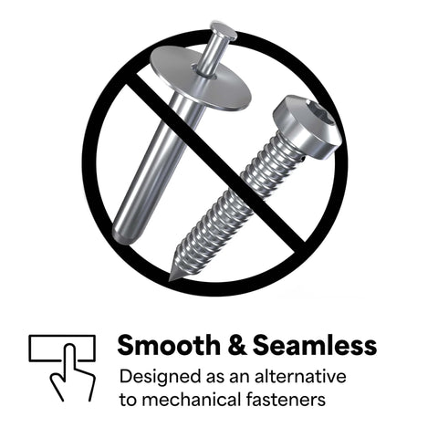Illustration showing crossed-out rivet and screw with 'Smooth & Seamless' text, promoting VHB Tape 4991 Heavy Duty Double Sided Acrylic Foam Tape