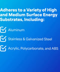 VHB Tape 4991 Heavy Duty Double Sided Acrylic Foam Tape adheres to aluminum, stainless steel, acrylic, polycarbonate, and ABS.