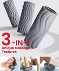 Three gray vibrating foam rollers with unique textures, used for back pain relief, featuring five speed settings, suitable for yoga and Pilates.