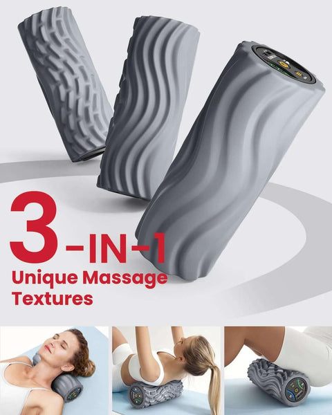 Three gray vibrating foam rollers with unique textures, used for back pain relief, featuring five speed settings, suitable for yoga and Pilates.