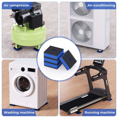 Air compressor, air-conditioning unit, washing machine, and treadmill on vibration-reducing pads for stability and noise reduction.