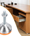 Stable, vibration-damping adjustable leveling feet with anti-slip design for workbenches, machines, and cabinets; 50mm base and M10x50mm thread shown next to an office desk.