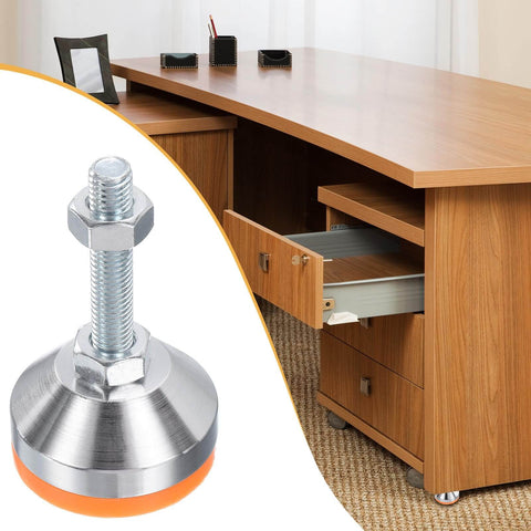 Stable, vibration-damping adjustable leveling feet with anti-slip design for workbenches, machines, and cabinets; 50mm base and M10x50mm thread shown next to an office desk.