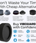 Comparison of VIBEGAURD vibration pads with plastic and rubber alternatives, highlighting stability, durability, and 5-year warranty.
