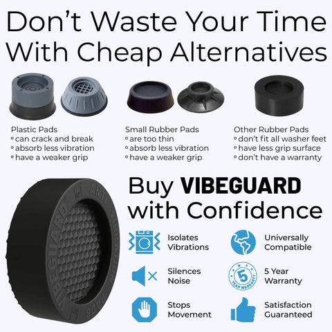 Comparison of VIBEGAURD vibration pads with plastic and rubber alternatives, highlighting stability, durability, and 5-year warranty.