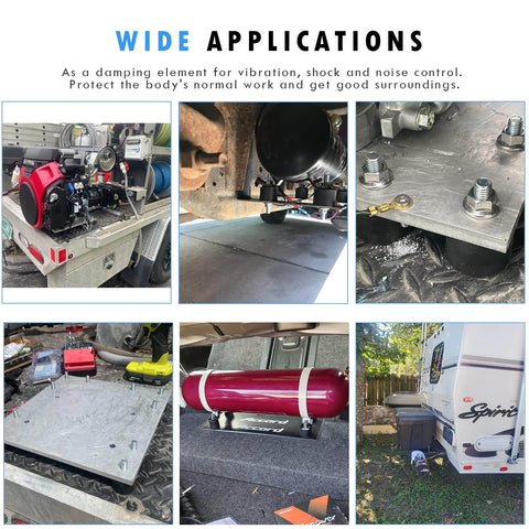 Collage of Beefed Up Heavy Duty M8 Rubber Isolator Mounts For Anti Vibration Dampening in various applications and machinery