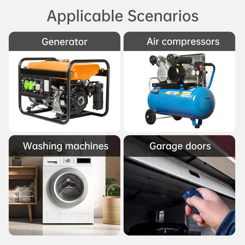 Image showing applicable scenarios for 4 Pack M10 Rubber Mounts With Dual Studs 28x40x30mm, including generator, air compressor, washer, and garage door.