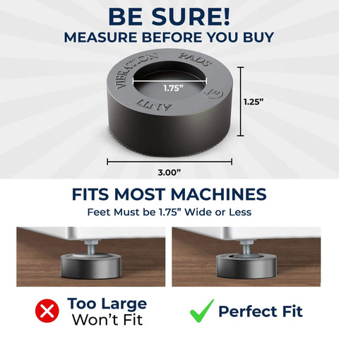 Guide on measuring machine feet for Vibration Pads Anti 1.75", showing correct and incorrect fit examples with labeled dimensions.