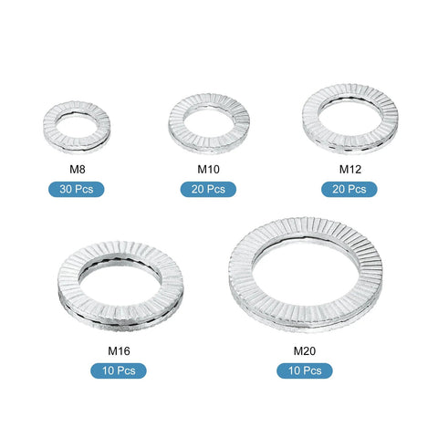 Vibration Resistant Wedge Locking Washers For M8 To M20 Bolts 90 Pcs Mn Steel in different sizes and quantities.
