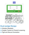 Vibration Resistant Wedge Locking Washers For M8 To M20 Bolts 90 Pcs Mn Steel in box showing dual-wedge design