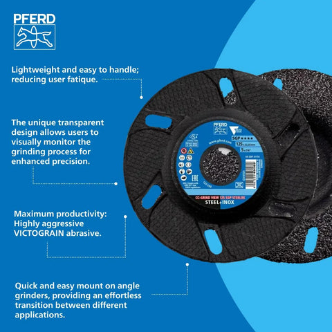 View Window Grinding Disc With Integrated Viewing Pane For Precise Grinding 5 Inch By 7/8 Inch SGP SteeloX Victograin Ceramic