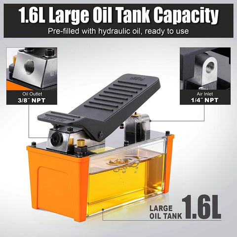 VigorTrek Air Hydraulic Pump, 10,000 PSI, NPT 3/8" Outlet & 1/4" Inlet, Foot Pedal Hydraulic Pumps with 6.6 ft Hose, Orange, shown with 1.6L oil tank.