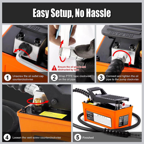 Setup instructions for VigorTrek Air Hydraulic Pump, 10,000 PSI, NPT 3/8" Outlet & 1/4" Inlet, Foot Pedal Hydraulic Pumps, Orange
