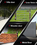 Collage of gate types: villa door, iron fence door, wooden door, and metal door with scenic backgrounds.
