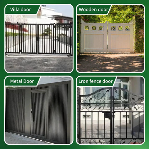 4 types of gate doors: villa door, wooden door, metal door, iron fence door, showcasing diverse designs for various property entrances