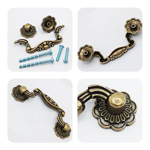 Vintage Drop Bail Pull Handles Two Pack with 76mm center holes, antique brass finish, showing screws and floral design detail