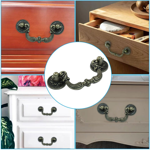 Set Of 2 Vintage Bail Pull Handles With 2.5 Inch Hole Spacing Antique Bronze Cabinet Pulls shown on various furniture.
