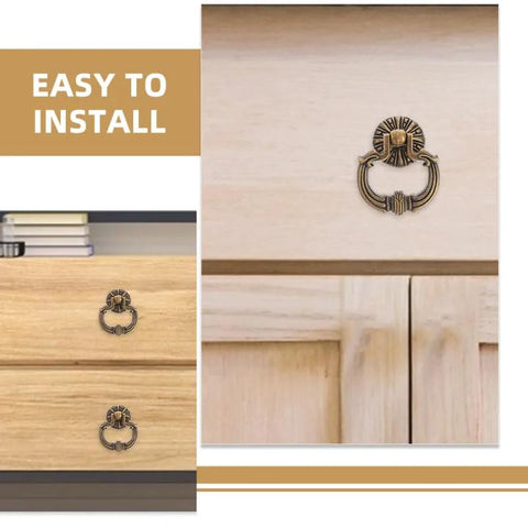 Vintage Drop Ring Pulls Set of 4 in Antique Bronze installed on light wood cabinet drawer.