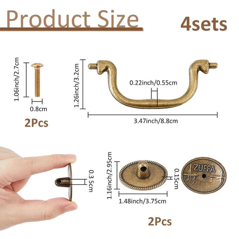 Vintage Bail Pull Handles Set Of 4 Antique Bronze Alloy Drop Pulls product dimensions including screws and washers