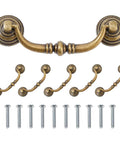 Set Of Six Vintage Bail Pull Handles In Antique Bronze Alloy for cabinets and drawers with screws, 4 inch hole center configuration.