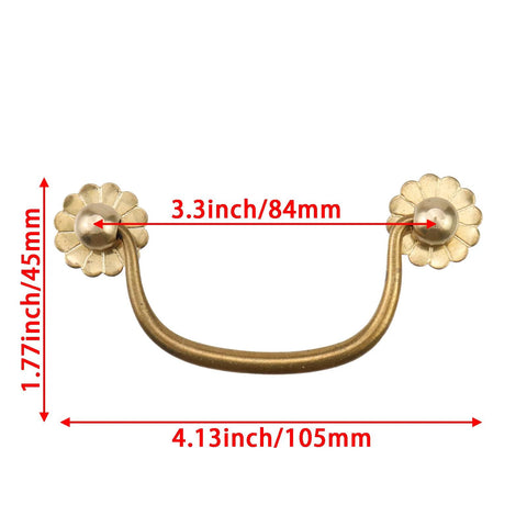 4 Piece Vintage Brass Bail Drawer Pull Set 4.13 Inch Drop Handles in antique style with 84mm hole spacing, rust resistant and durable.