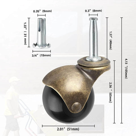 Brass Vintage Antique 2 Inch Ball Caster Wheels Set of 4 Heavy Duty with 5/16 x 1 1/2 Inch Wheels Sleeve Mount for Furniture Chairs Cabinets