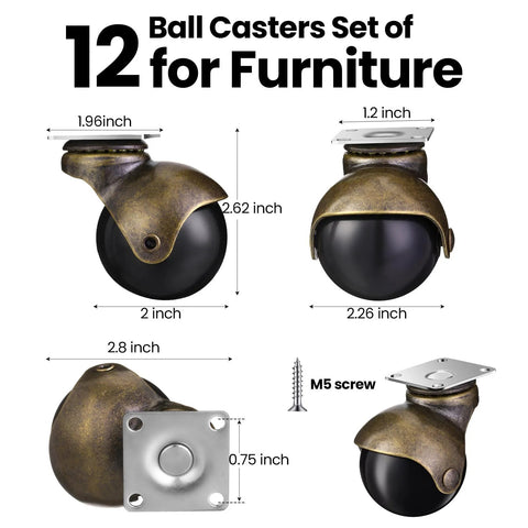 Vintage 2 Inch Ball Caster Wheels 12 Pack Antique Brass 360 Degree Swivel Plate Castors For Furniture Cabinets Shelves