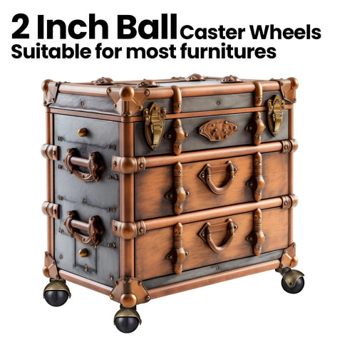 Wooden cabinet with vintage 2 inch ball caster wheels with antique brass 360 degree swivel plate castors, suitable for furniture.