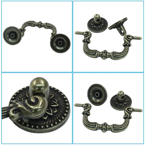 Set Of 2 Vintage Bail Pull Handles With 2.5 Inch Hole Spacing Antique Bronze Cabinet Pulls laid out in a grid showing front and side views
