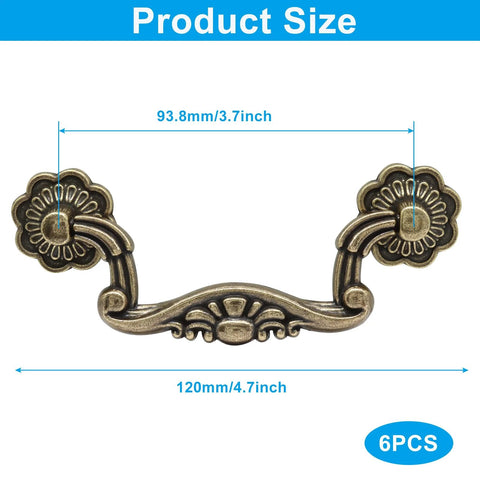 6 Pieces Vintage Drop Pulls Antique Bronze Drawer Pull Handles Bail Handles For Furniture 3.75 Inch Hole Spacing And 4.5 Inch Total Length Zinc Alloy Flower Design Cabinet Hardware with size dimensions shown.