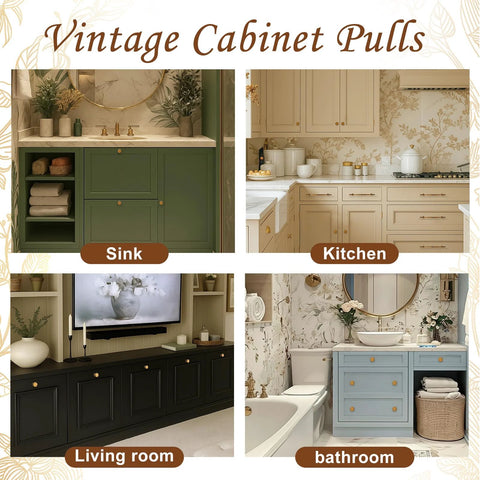 Collage of four vintage cabinet pulls, featuring styles in a green sink, beige kitchen, black living room, and blue bathroom setting.