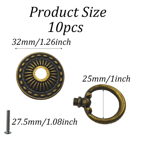 10Pcs Vintage Cabinet Ring Pulls Set Zinc Alloy Rust Resistant Drawer Handles With Screws 1 Inch Ring Diameter 25mm Bronze