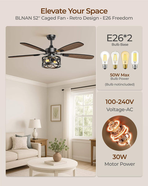 52 Inch Vintage Cage Ceiling Fan With Light And Remote, 5 Blades, Flush Mount Whisper Quiet Farmhouse Ceiling Fan For Living Room