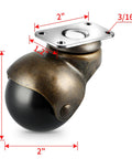 2 Inch Vintage Ball Caster Wheels With Swivel Plate for Furniture, metal and polypropylene, with dimensions shown