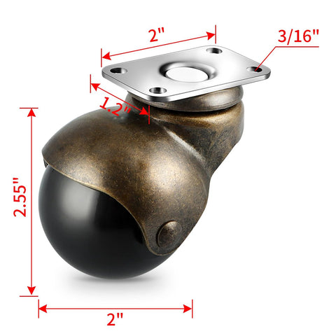 2 Inch Vintage Ball Caster Wheels With Swivel Plate for Furniture, metal and polypropylene, with dimensions shown