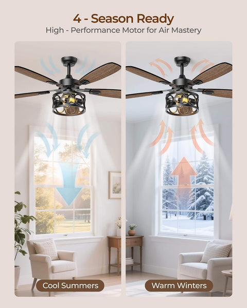 52 Inch Vintage Cage Ceiling Fan With Light And Remote, 5 Blades, Flush Mount Whisper Quiet Farmhouse Ceiling Fan for all seasons in living room