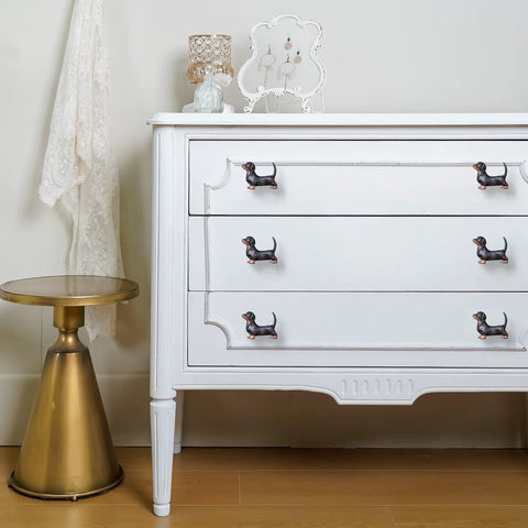 White dresser with Two Piece Vintage Dachshund Cabinet Pulls Set Decorative Metal Knob Handles for Doors Cabinets and Drawers