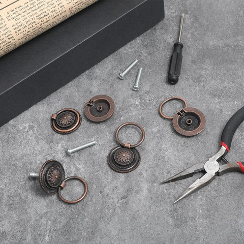 6 Piece Antique Drawer Pull Ring Set With M4 X 25 Mm Screws Included for Cabinets, featuring vintage style copper finish and tools