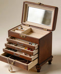 Jewelry box with vintage mini drawer pulls in antique bronze finish, ideal for small cabinets, showcasing the 20 pack set with screws.